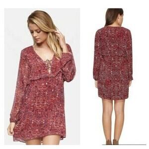 Tavik Womens The Upside Red Floral Boho V Neck Long Sleeve Mini Lined Dress L